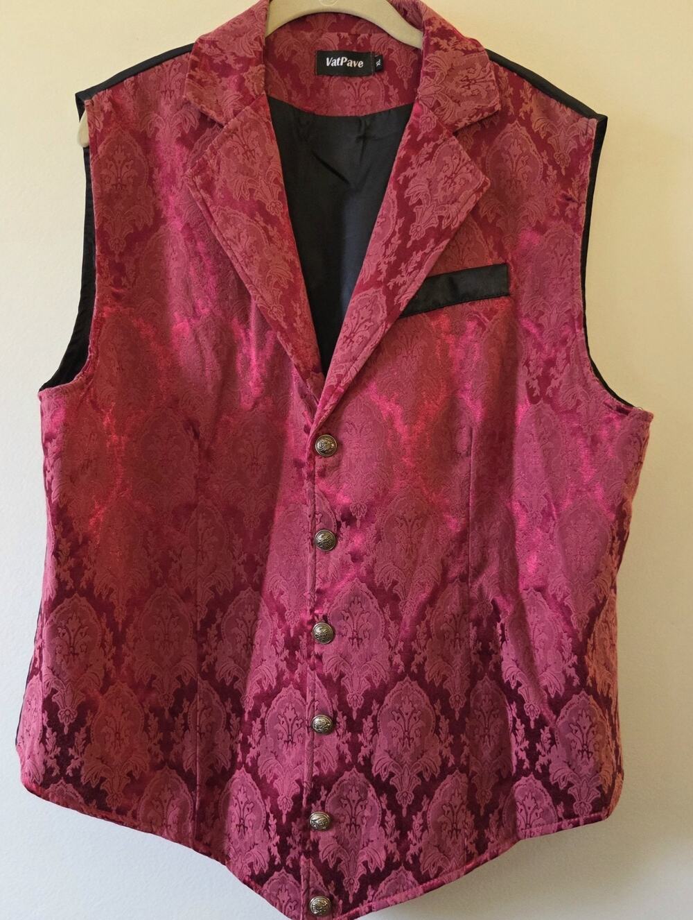 Vatpave Mens Vest XL Red Black Paisley Jacquard Victorian Steampunk Notched